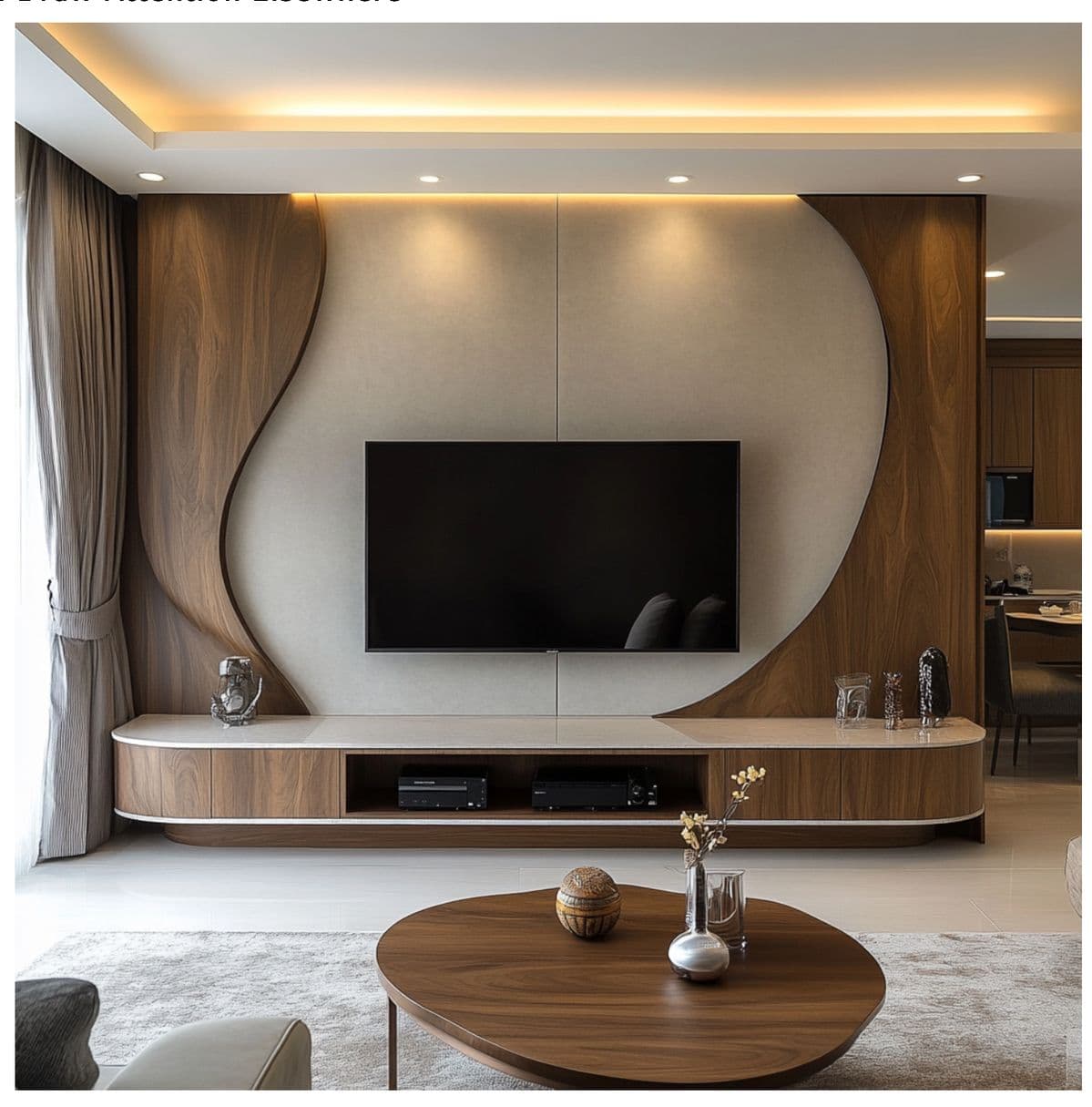 Luxury Curved Walnut Wood & Textured Fabric Backlit TV Entertainment Wall Unit